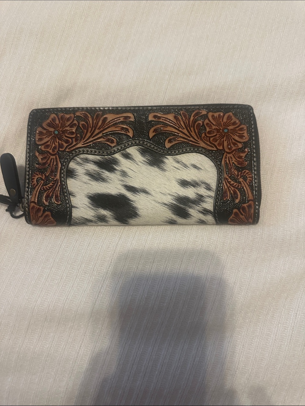 Myra Bag Black & White Hair-on-Hide Wallet with Brown Tooled Floral Trim - Picture 2 of 4